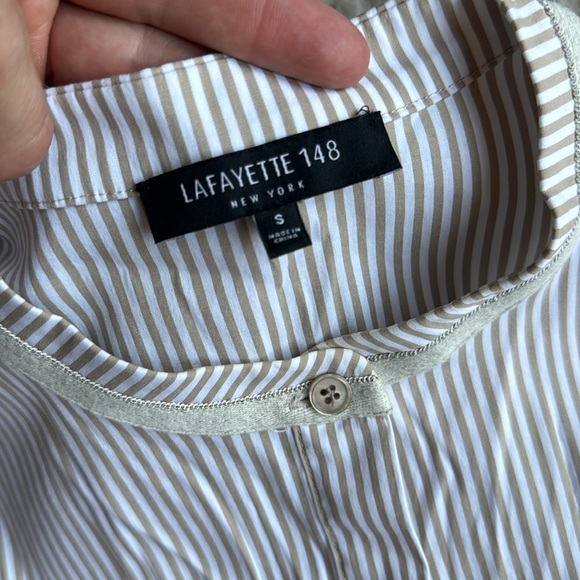 Lafayette 148 New York Valen Neutral Striped Asymmetric Hem Top Blouse, size S - Picture 5 of 7